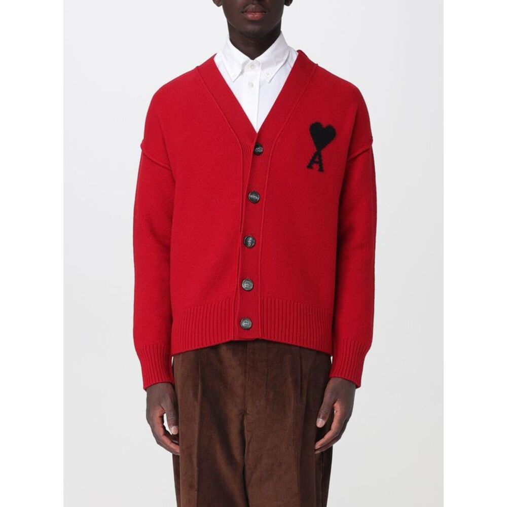 Ami Paris Men Ami Paris V-Neck Wool Cardigan With Contrast Logo